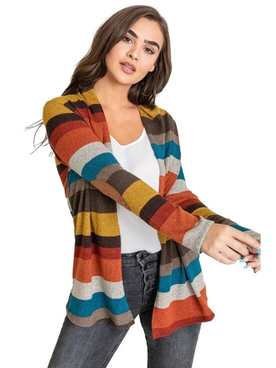Éloges Sweaters - Éloges Cardigan Sweater XL Elbow Patch Open Front Long Sleeve Multicolor Stripes